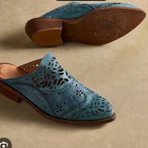 Sundance Floral Krevo Blue Women's Leather Mules Western Boho Shabby Chic Sz 41